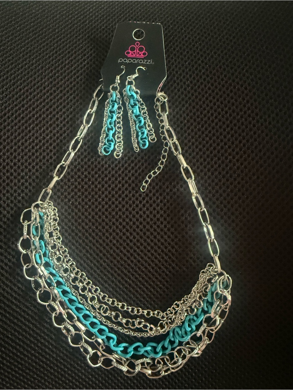 paparazzi Silver and Turquoise Multi-Layer Chain Necklace with Matching Earrings